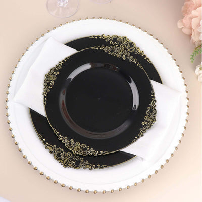 10-Pack Plastic Round Dessert Plates 8" Black with Gold Leaf Embossed Rim - Vintage Baroque Style Disposable Salad Plates for Upscale Dining & Special Events
