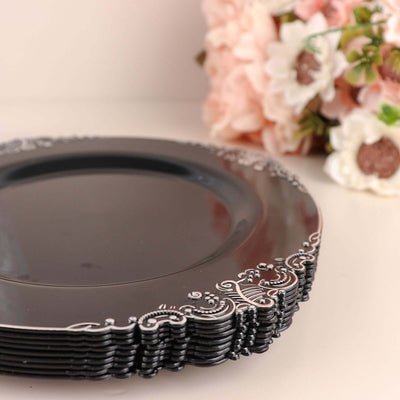 10-Pack Plastic Round Dessert Plates 8" Black with Silver Leaf Embossed Rim - Vintage Baroque Style Disposable Salad Plates
