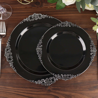10-Pack Plastic Round Dessert Plates 8" Black with Silver Leaf Embossed Rim - Vintage Baroque Style Disposable Salad Plates