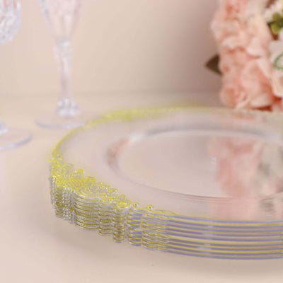 10-Pack Plastic Round Dessert Plates 8" Clear with Gold Leaf Embossed Rim - Vintage Baroque Style Disposable Salad Plates