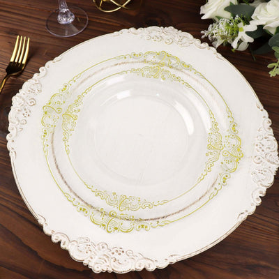 10-Pack Plastic Round Dessert Plates 8" Clear with Gold Leaf Embossed Rim - Vintage Baroque Style Disposable Salad Plates