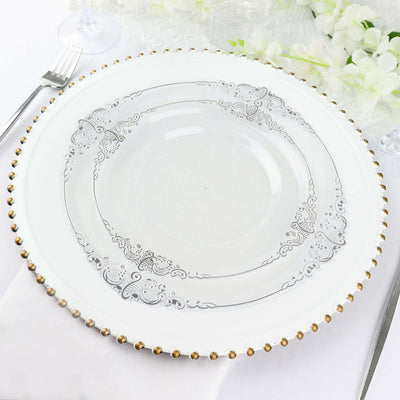10-Pack Plastic Round Dessert Plates 8" Clear with Silver Leaf Embossed Rim - Vintage Baroque Style Disposable Salad Plates
