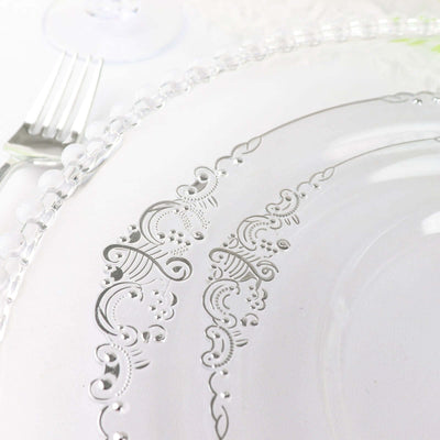 10-Pack Plastic Round Dessert Plates 8" Clear with Silver Leaf Embossed Rim - Vintage Baroque Style Disposable Salad Plates