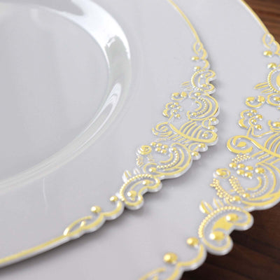 10-Pack Plastic Round Dessert Plates 8" Gray with Gold Leaf Embossed Rim - Vintage Baroque Style Disposable Salad Plates