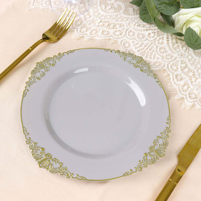 10-Pack Plastic Round Dessert Plates 8" Gray with Gold Leaf Embossed Rim - Vintage Baroque Style Disposable Salad Plates