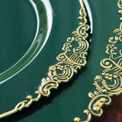 10-Pack Plastic Round Dessert Plates 8" Hunter Emerald Green with Gold Leaf Embossed Rim - Vintage Baroque Style Disposable Salad Plates