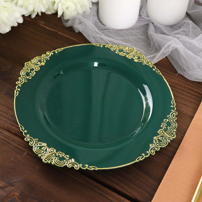 10-Pack Plastic Round Dessert Plates 8" Hunter Emerald Green with Gold Leaf Embossed Rim - Vintage Baroque Style Disposable Salad Plates
