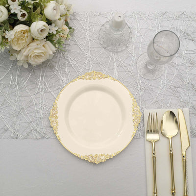 10-Pack Plastic Round Dessert Plates 8" Ivory with Gold Leaf Embossed Rim - Vintage Baroque Style Disposable Salad Plates