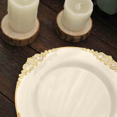 10-Pack Plastic Round Dessert Plates 8" Ivory with Gold Leaf Embossed Rim - Vintage Baroque Style Disposable Salad Plates