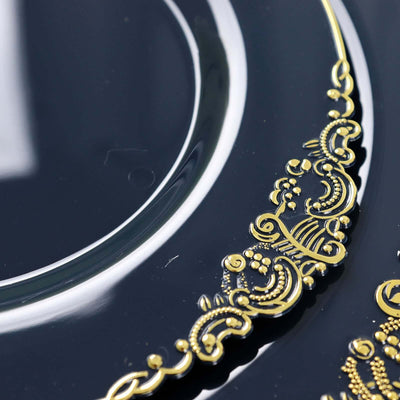 10-Pack Plastic Round Dessert Plates 8" Navy Blue with Gold Leaf Embossed Rim - Vintage Baroque Style Disposable Salad Plates
