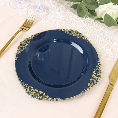 10-Pack Plastic Round Dessert Plates 8" Navy Blue with Gold Leaf Embossed Rim - Vintage Baroque Style Disposable Salad Plates