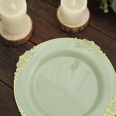 10-Pack Plastic Round Dessert Plates 8" Sage Green with Gold Leaf Embossed Rim - Vintage Baroque Style Disposable Salad Plates