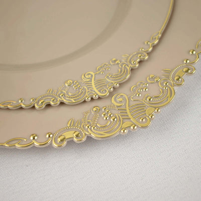 10-Pack Plastic Round Dessert Plates 8" Taupe with Gold Leaf Embossed Rim - Vintage Baroque Style Disposable Salad Plates