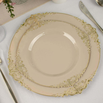 10-Pack Plastic Round Dessert Plates 8" Taupe with Gold Leaf Embossed Rim - Vintage Baroque Style Disposable Salad Plates