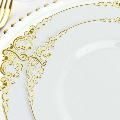 10-Pack Plastic Round Dessert Plates 8" White with Gold Leaf Embossed Rim - Vintage Baroque Style Disposable Salad Plates for Upscale Dining & Special Events