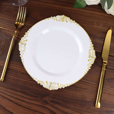 10-Pack Plastic Round Dessert Plates 8" White with Gold Leaf Embossed Rim - Vintage Baroque Style Disposable Salad Plates for Upscale Dining & Special Events
