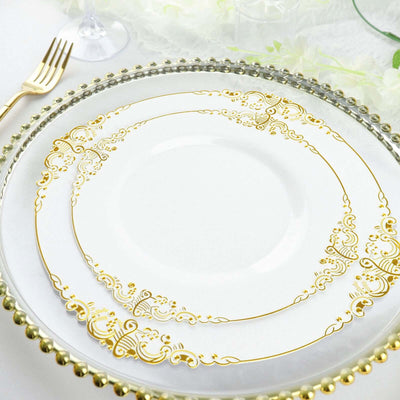 10-Pack Plastic Round Dessert Plates 8" White with Gold Leaf Embossed Rim - Vintage Baroque Style Disposable Salad Plates for Upscale Dining & Special Events