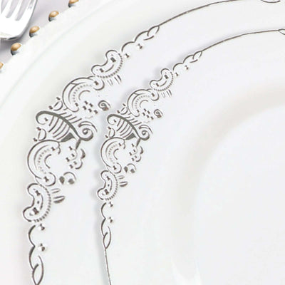 10-Pack Plastic Round Dessert Plates 8" White with Silver Leaf Embossed Rim - Vintage Baroque Style Disposable Salad Plates