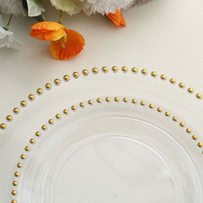 10-Pack Plastic Round Dinner Plates 10" Clear with Gold Beaded Rim - Disposable Party Plates