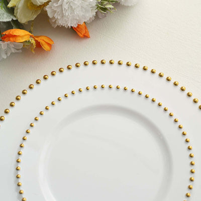 10-Pack Plastic Round Dinner Plates 10" White with Gold Beaded Rim - Disposable Party Plates for Stylish Gatherings & Celebrations