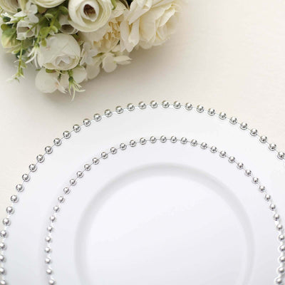 10-Pack Plastic Round Dinner Plates 10" White with Silver Beaded Rim - Disposable Party Plates
