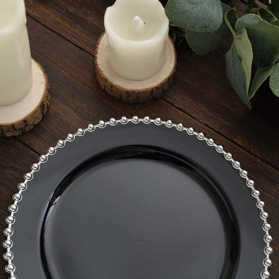 10 Pack Plastic Dessert Appetizer Plates in Black with Silver Beaded Rim, Disposable Round Salad Party Plates 8"