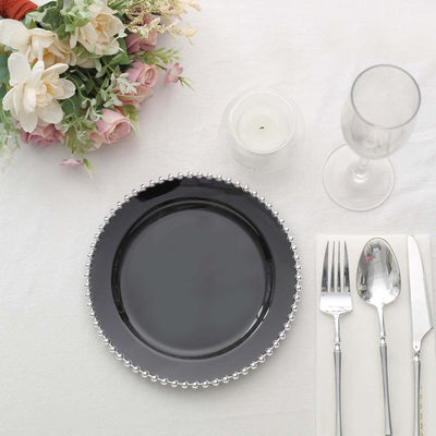 10 Pack Plastic Dessert Appetizer Plates in Black with Silver Beaded Rim, Disposable Round Salad Party Plates 8"