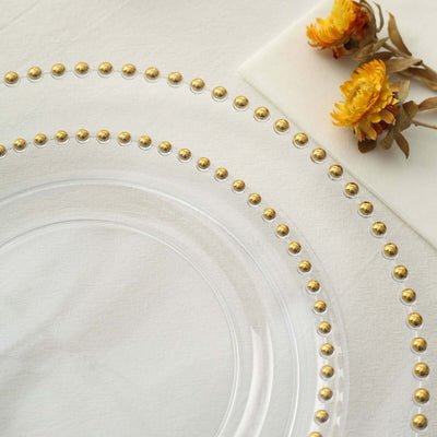 10 Pack Plastic Dessert Appetizer Plates in Clear with Gold Beaded Rim, Disposable Round Salad Party Plates 8"