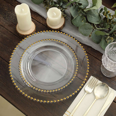 10 Pack Plastic Dessert Appetizer Plates in Clear with Gold Beaded Rim, Disposable Round Salad Party Plates 8"