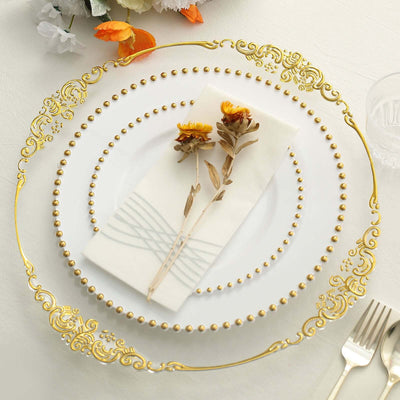 10 Pack Plastic Dessert Appetizer Plates in White with Gold Beaded Rim, Disposable Round Salad Party Plates 8"