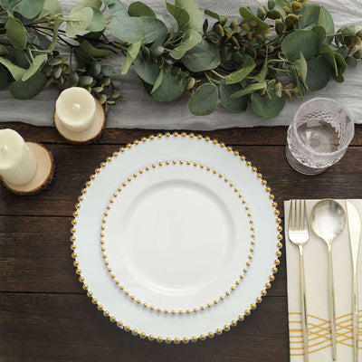 10 Pack Plastic Dessert Appetizer Plates in White with Gold Beaded Rim, Disposable Round Salad Party Plates 8"