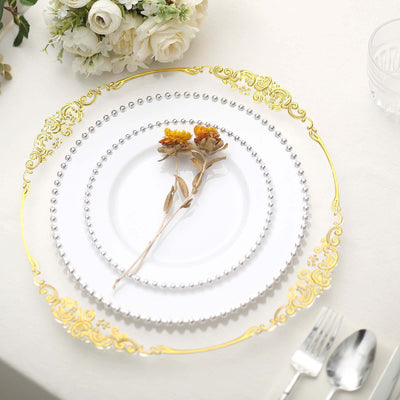 10 Pack Plastic Dessert Appetizer Plates in White with Silver Beaded Rim, Disposable Round Salad Party Plates 8"