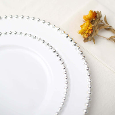 10 Pack Plastic Dessert Appetizer Plates in White with Silver Beaded Rim, Disposable Round Salad Party Plates 8"