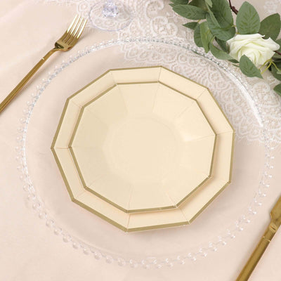 25-Pack Paper Decagon Appetizer Plates 7" Beige with Gold Foil Rim - Modern Geometric Dessert/Salad Plates for Stylish Tablescapes