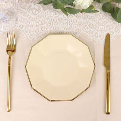 25-Pack Paper Decagon Appetizer Plates 7" Beige with Gold Foil Rim - Modern Geometric Dessert/Salad Plates for Stylish Tablescapes