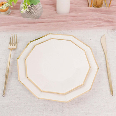 25-Pack Paper Decagon Appetizer Plates 7" White with Gold Foil Rim - Modern Geometric Dessert/Salad Plates for Stylish Tablescapes