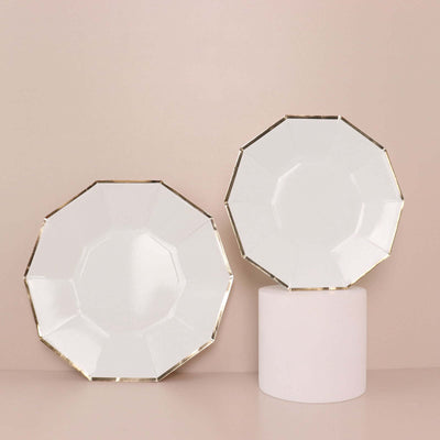 25-Pack Paper Decagon Appetizer Plates 7" White with Gold Foil Rim - Modern Geometric Dessert/Salad Plates for Stylish Tablescapes