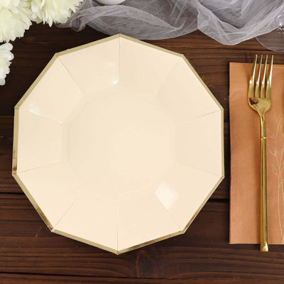 25-Pack Paper Decagon Dinner Plates 9" Beige with Gold Foil Rim - Geometric Disposable Party Plates for Banquets & Celebrations