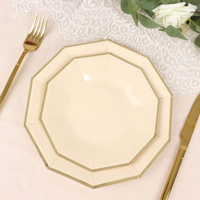 25-Pack Paper Decagon Dinner Plates 9" Beige with Gold Foil Rim - Geometric Disposable Party Plates for Banquets & Celebrations