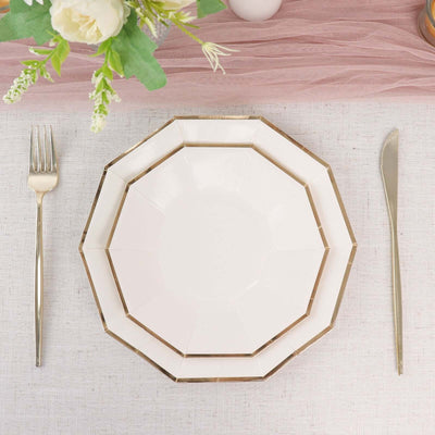 25-Pack Paper Decagon Dinner Plates 9" White with Gold Foil Rim - Geometric Disposable Party Plates for Banquets & Celebrations