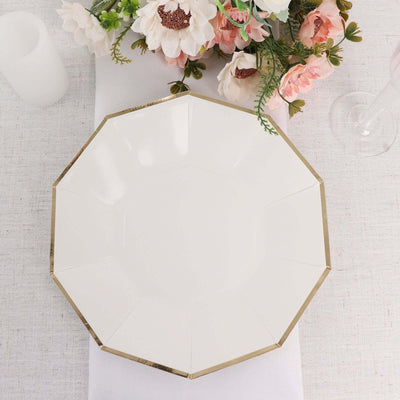 25-Pack Paper Decagon Dinner Plates 9" White with Gold Foil Rim - Geometric Disposable Party Plates for Banquets & Celebrations