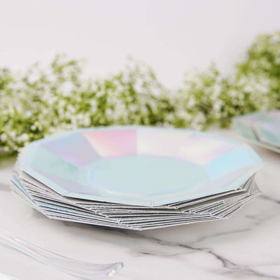 25-Pack Paper Decagon Dessert Plates 7.5" Iridescent - Disposable Geometric Salad Plates for Disco & Space Themed Events