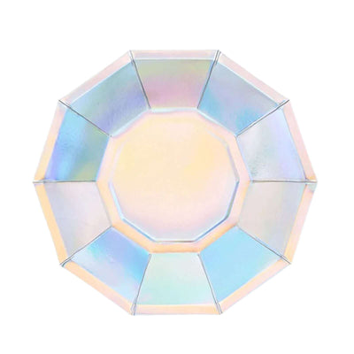 25-Pack Paper Decagon Dessert Plates 7.5" Iridescent - Disposable Geometric Salad Plates for Disco & Space Themed Events