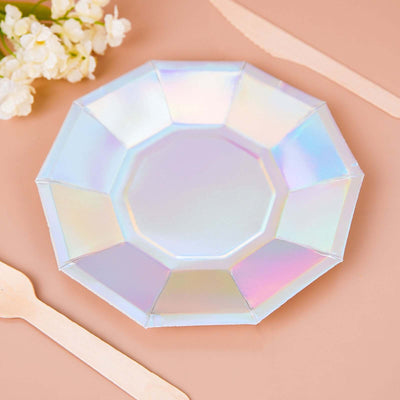 25-Pack Paper Decagon Dessert Plates 7.5" Iridescent - Disposable Geometric Salad Plates for Disco & Space Themed Events