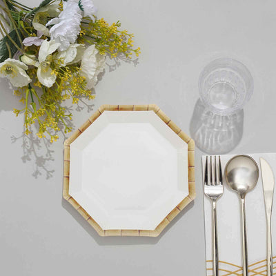 25-Pack Paper Octagonal Dessert Plates 7" White with Bamboo Print Rim - Disposable Geometric Appetizer Salad Plates for Tropical & Beach Themed Celebrations