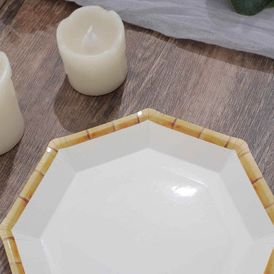 25-Pack Paper Octagonal Dessert Plates 7" White with Bamboo Print Rim - Disposable Geometric Appetizer Salad Plates for Tropical & Beach Themed Celebrations