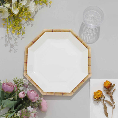 25-Pack Paper Octagonal Dinner Plates 9" White with Bamboo Print Rim - Disposable Geometric Party Plates for Garden Parties & Tropical Themed Events