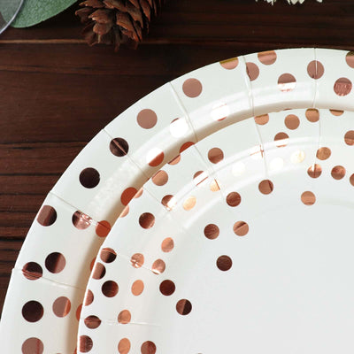 25-Pack Paper Round Dinner Plates 9" White with Metallic Rose Gold Polka Dots - 300GSM Disposable Party Plates for Cocktail Events & Receptions