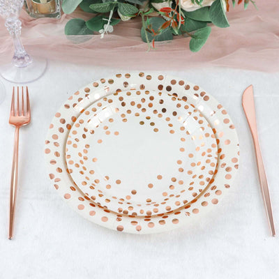 25-Pack Paper Round Dinner Plates 9" White with Metallic Rose Gold Polka Dots - 300GSM Disposable Party Plates for Cocktail Events & Receptions