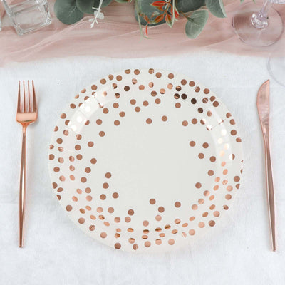 25-Pack Paper Round Dinner Plates 9" White with Metallic Rose Gold Polka Dots - 300GSM Disposable Party Plates for Cocktail Events & Receptions